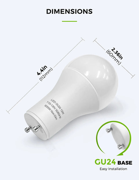 GU24 Base LED Light Bulb 1200 Lumen 12W Hella Bright 75W To 100W Equivalent Daylight 5000K A19 with dimensions