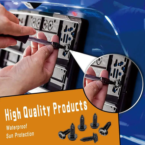 Installing Black Heavy Duty Anti Theft License Plate Screws Kit Set For Car Tag Mounting, Rustproof Stainless Steel M6 One Quarter Inch Tamper Proof Hardware For Front And Rear Frame Mounting on vehicle.