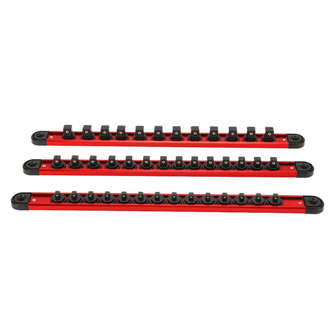 Magnetic Socket Rail Organizer With 42 Slots For One Quarter Inch Three Eighths Inch And One Half Inch Drive Sockets displayed in red