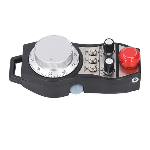 Next Level CNC Handwheel Controller Goes Wireless With Super Smooth 6-Axis Ergonomic Design And Massive 60m Range For Serious Shop Grinds. Wireless CNC handwheel controller, ABS body, red emergency stop, front view.