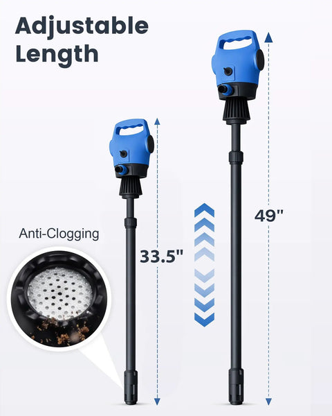 Heavy Duty Electric Drum Pump For DEF And Diesel, Plug And Play Dual Power With 120V AC 12V DC, adjustable tube lengths from 33.5 to 49 inches.
