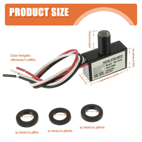 2 Pack Dusk To Dawn Photocell Light Sensor Switch For Outdoor Lighting 105V130V AC with dimensions and wiring details