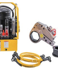 Heavy Duty Hydraulic Torque Wrench Built Tough With Lightweight Al Ti Alloy Hollow Body Electric Pump Driven 232 To 2328 Nm Range Precision Dial In Compact Fit For Tight Job Sites Pro Grade Rust Resistant Finish with electric pump and hoses.