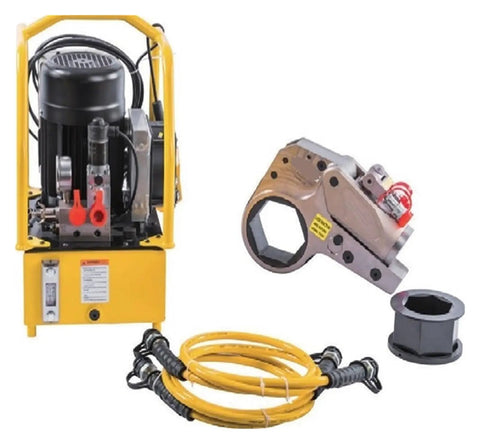 Heavy Duty Hydraulic Torque Wrench Built Tough With Lightweight Al Ti Alloy Hollow Body Electric Pump Driven 232 To 2328 Nm Range Precision Dial In Compact Fit For Tight Job Sites Pro Grade Rust Resistant Finish with electric pump and hoses.