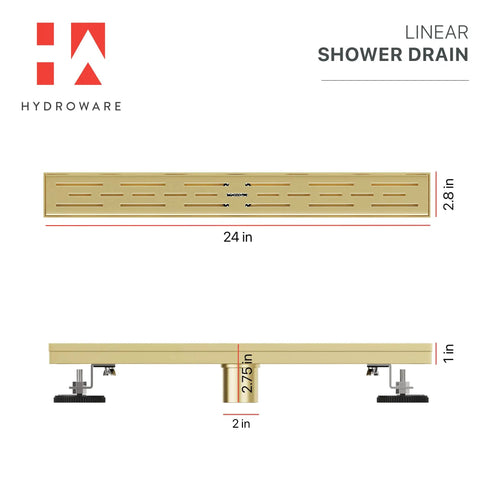 24 Inch Linear Shower Drain In Gold Finish, Slick Stainless Steel Rectangular Floor Drain With Removable Patterned Grate, Hair Strainer, And Threaded Adapter For Modern Shower Floors