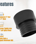 Threaded Dust Collection Quick Coupler Adapter 5 Inch To 4 Inch Black Left Handed Thread Quick Connect For Dust Collector Hoses No Clamps Needed No Tools Needed, shown in close-up with features list