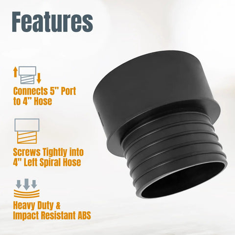 Threaded Dust Collection Quick Coupler Adapter 5 Inch To 4 Inch Black Left Handed Thread Quick Connect For Dust Collector Hoses No Clamps Needed No Tools Needed, shown in close-up with features list