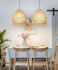 Rattan Wicker Pendant Light Lampshade Basket Ceiling Chandelier Boho Home Decor above dining table with plants and art