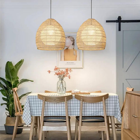 Rattan Wicker Pendant Light Lampshade Basket Ceiling Chandelier Boho Home Decor above dining table with plants and art