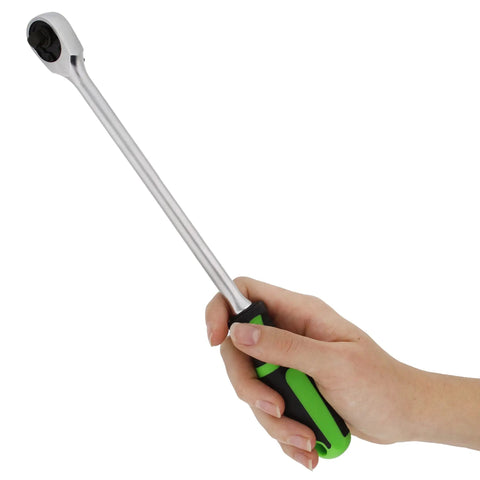 Hand holding the 90T 1/4 Inch Drive Ratchet With Reversible Flex Head And Ergonomic Handle, showing chrome finish and low profile design.
