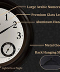 Close-up of 24 Inch Self Illuminated Outdoor Clock With Weather Station Thermometer And Hygrometer Waterproof Metal Clock In Oil Rubbed Bronze Finish, highlighting features and back hanging slot.