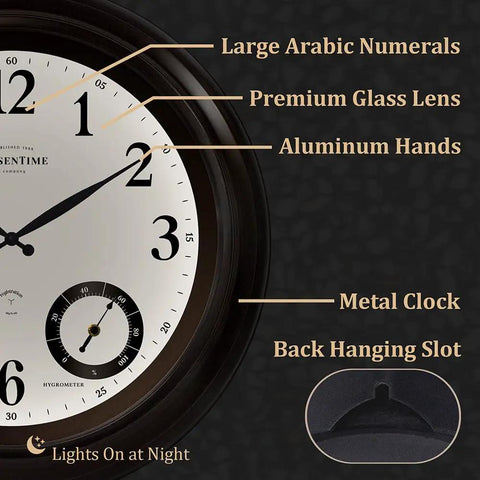 Close-up of 24 Inch Self Illuminated Outdoor Clock With Weather Station Thermometer And Hygrometer Waterproof Metal Clock In Oil Rubbed Bronze Finish, highlighting features and back hanging slot.