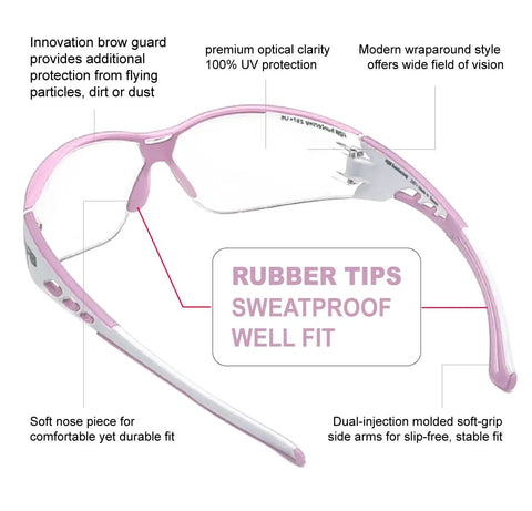 Side view of Super Flexible Lightweight Anti Fog Wrap Around Safety Glasses With Scratch Resistant Lenses ANSI Z87.1, pink frame.