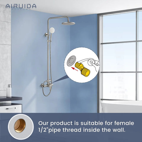 Outdoor Shower Faucet Setup With SUS304 Stainless Steel Wall Mount Exposed Brushed Nickel Finish Single Handle 8 Inch Rainfall Showerhead And Handheld Spray Dual Function shown installed with female 1/2" pipe thread compatibility.
