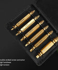 Get The Ultimate 6 Piece HSS 4341 Double Head Damaged Screw Extractor Kit For Stripped Bolts And Broken Fasteners In Sizes 2 To 12mm Made Tough With Titanium Coated Steel For Easy Removal Any Day. six gold double-ended screw extractors in case