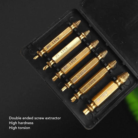 Get The Ultimate 6 Piece HSS 4341 Double Head Damaged Screw Extractor Kit For Stripped Bolts And Broken Fasteners In Sizes 2 To 12mm Made Tough With Titanium Coated Steel For Easy Removal Any Day. six gold double-ended screw extractors in case