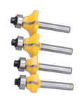 Get The Best Router Bit Set For Your Woodworking Projects With This 4 Piece Round Over Flush Trim Tool Kit Featuring Carbon Steel 1/4 Inch Shank Bits. Set of four router bits with yellow heads for smoothing and trimming.