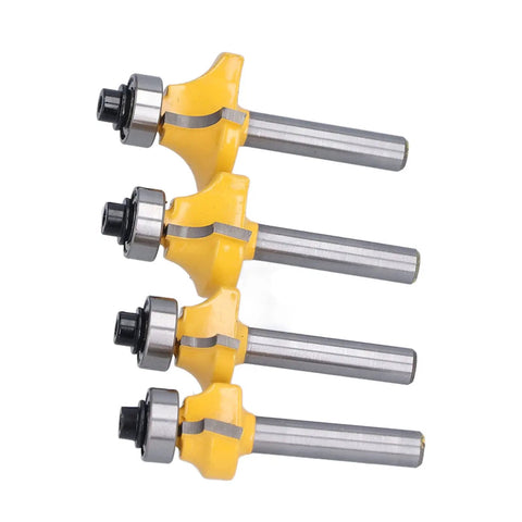 Get The Best Router Bit Set For Your Woodworking Projects With This 4 Piece Round Over Flush Trim Tool Kit Featuring Carbon Steel 1/4 Inch Shank Bits. Set of four router bits with yellow heads for smoothing and trimming.