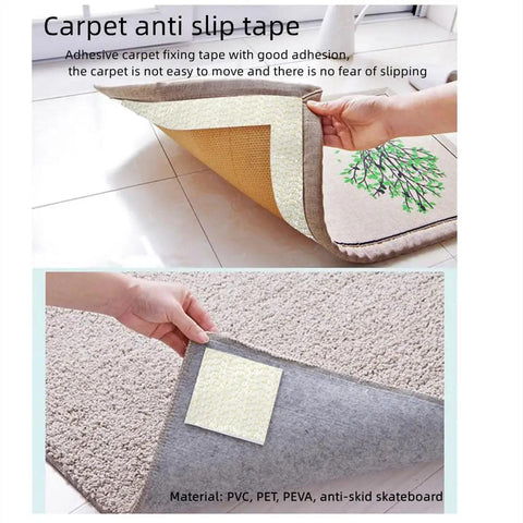 Double-Sided Anti-Slip Rug Tape Gripper For Hardwood Floors And Tile Keeps Rugs In Place With Strong Dual Grip shown used under a rug