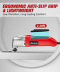 AVID POWER oscillating tool, red corded multi-tool with silver front, side view and 2.2 lb label