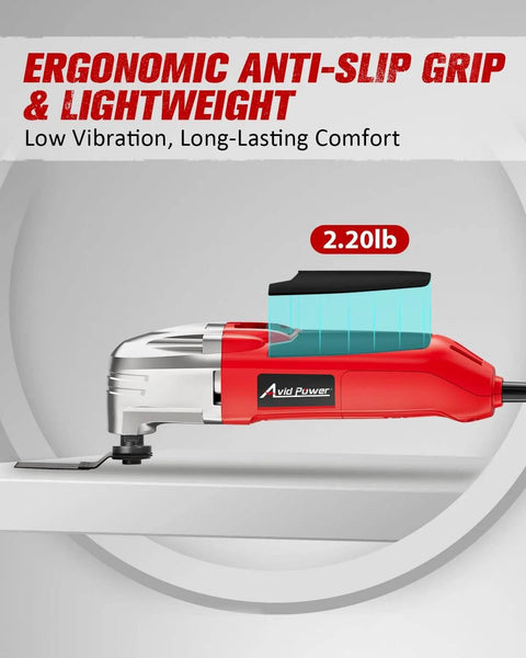 AVID POWER oscillating tool, red corded multi-tool with silver front, side view and 2.2 lb label