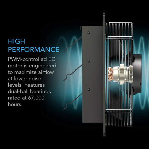 Side view of Airlift S10 Shutter Exhaust Fan With PWM Controlled 10 Speed Controller And EC Motor, highlighting the motor.