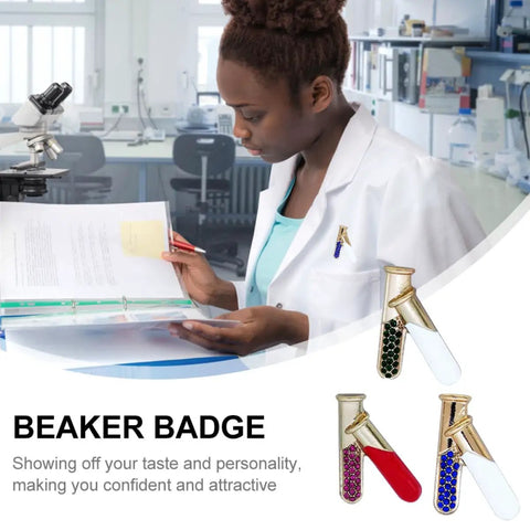 Woman in lab coat wearing 4 Piece Chemistry Beaker Brooch Set With Flask Design, Metal Alloy Scientist Lapel Pins For Lab Coats.