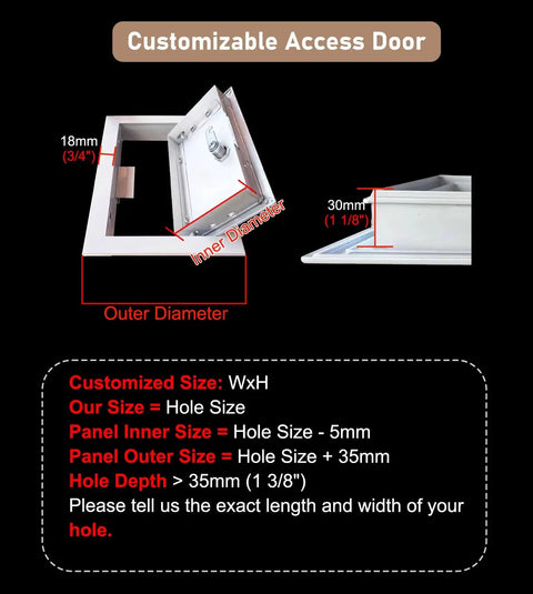 Heavy Duty Drywall Access Panel With Keyed Cylinder Lock, Slick Plasterboard Service Door showing customization options and dimensions.