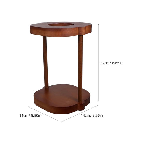 Smooth Brew Vibes Solid Wood Coffee Filter Cone Holder With Detachable Brewing Rack Grab And Go Portable Coffee Station showing dimensions.