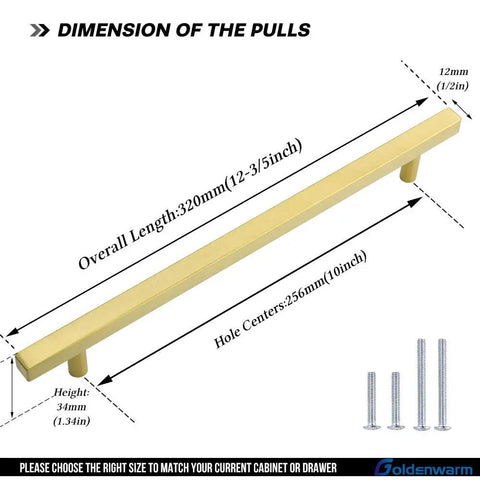 Gold Cabinet Pulls Five Pack Ten Inch Brushed Brass T Bar Drawer Handles dimensions with screws and measurements visible.