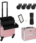 2 In 1 Rolling Makeup Case For Travel And Studio, aluminum frame, detachable top and bottom, lockable, pink with accessories