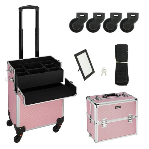 2 In 1 Rolling Makeup Case For Travel And Studio, aluminum frame, detachable top and bottom, lockable, pink with accessories