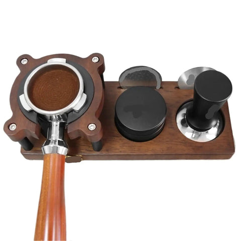 Level Up Your Daily Grind With This Solid Wood Espresso Tamping Station And Deep Portafilter Holder Mat featuring a wooden base and accessories.