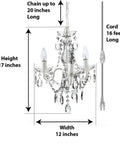Plug In Crystal Swag Chandelier With Three Lights, White Metal Frame, Clear Glass Stem And Acrylic Crystals, 17x12 inches with 20-inch chain