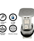 Heavy Duty Pop Up Power Strip With Integrated Wireless Charging Pad Retractable Hidden Desktop Outlet Smart Countertop Charger with sockets and USB ports.