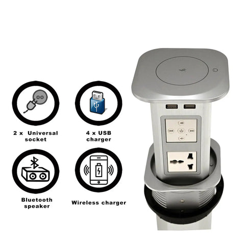 Heavy Duty Pop Up Power Strip With Integrated Wireless Charging Pad Retractable Hidden Desktop Outlet Smart Countertop Charger with sockets and USB ports.