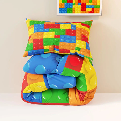 Building Blocks Comforter Set Twin Size With Two Pillow Shams, Vibrant 3D Pattern Microfiber Bedding For Kids Teens Adults, Easy Care Decorative Bedding Set For Bedroom And Cozy Spaces. Twin comforter and shams with colorful building block print
