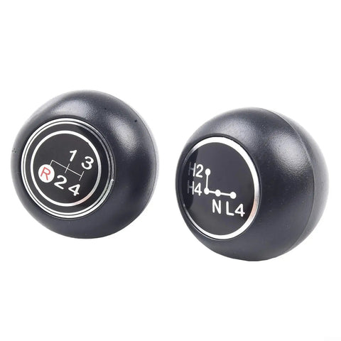 Sweaty Hands Upgraded 2-Pack Black Plastic Manual Gear Shift Knob And Transfer Case Lever Handle Kit For Toyota Land Cruiser FJ40 With Smooth Four Speed Shifting That Fits Like A Glove From 1969 To 1986 Direct Factory Replacement. 2 black plastic shift knobs with 4-speed and transfer case patterns
