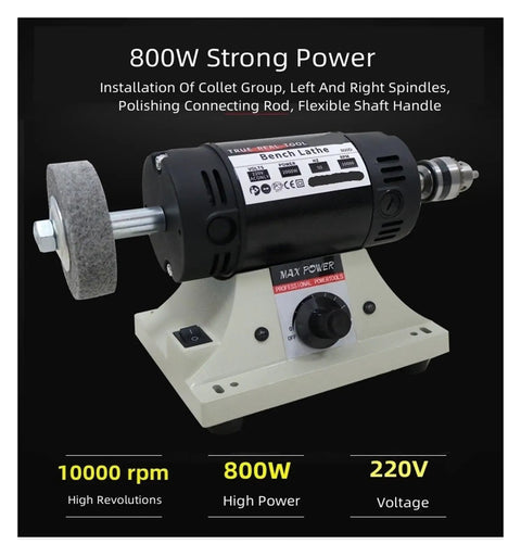 Heavy Duty 800W Bench Jewelry Polisher And Grinder With Smooth Surface Finishing, showing the powerful 800W motor and polishing rod.