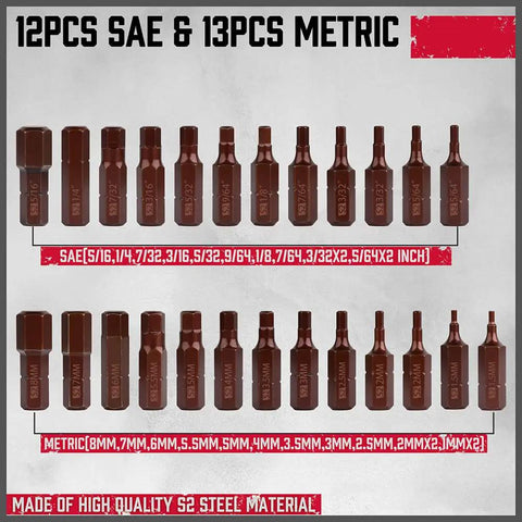 Heavy Duty 25 Piece Allen Wrench Drill Bit Set With Magnetic Tips For Quick Bit Changes Includes SAE And Metric Hex Keys