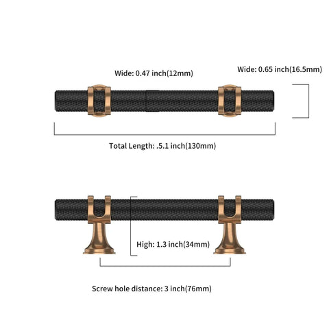 Three Inch Knurled Cabinet Handles Set Of Ten Featuring Matte Black And Champagne Bronze Colors That Provide Top Shelf Kitchen Drawer Hardware And A Hella Sharp Two Tone Modern Vibe For Revamping Your Home Cabinets In Seconds Flat dimensions showing handle sizes.