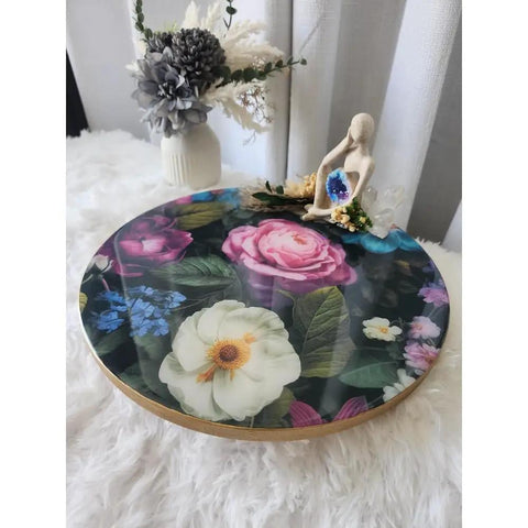 14 Inch Lazy Susan Turntable With Shimmer Epoxy Resin Artwork featuring vibrant floral design on a wood base in a decorative setup.