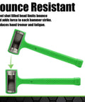 Green deadblow mallet with steel shot filled head, part of the Three Piece Deadblow Multi Purpose Hammer Set For Metalworking And Woodworking Including 12 Oz Brass Hammer, 1 Lb Ball Peen Hammer, And 1/2 Lb Deadblow Mallet For Automotive, Home Garage, Workshop And Shop Projects, showing bounce resistant feature.