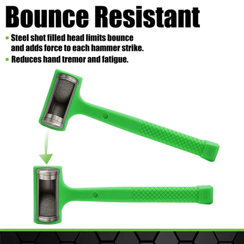 Green deadblow mallet with steel shot filled head, part of the Three Piece Deadblow Multi Purpose Hammer Set For Metalworking And Woodworking Including 12 Oz Brass Hammer, 1 Lb Ball Peen Hammer, And 1/2 Lb Deadblow Mallet For Automotive, Home Garage, Workshop And Shop Projects, showing bounce resistant feature.