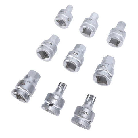 Pro Grade Three Quarter Inch Drive Impact Hex Driver Set Featuring Nine Piece Chrome Steel Construction Etched Size Markings And M16 Spline Bits Built Rig Ready For Fleet Mechanics And Shop Floors with various hex bits