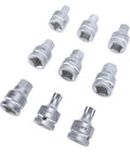 Heavy Duty Nine Piece Three Quarter Inch Drive Impact Hex Bit Socket Set Built Like A Tank With Cr Mo Steel Etched Markings and M16 M18 Spline Drivers, showing sizes H14 to H24 and M16, M18.