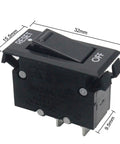 No Sweat Black Rocker Switch Circuit Breaker With 10 Amp Overload Protector showing dimensions 32mm x 20.1mm, black plastic body and reset function.