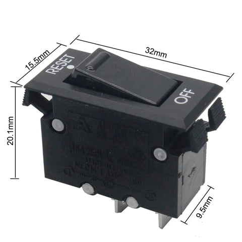 No Sweat Black Rocker Switch Circuit Breaker With 10 Amp Overload Protector showing dimensions 32mm x 20.1mm, black plastic body and reset function.