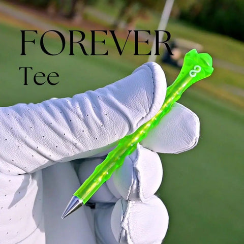 Golfer holding Forever Tee Premium Metal Unbreakable Golf Tee with Extended Metal Tip, bright green and durable for long-lasting use