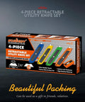 Front view of HORUSDY 4-piece retractable utility knife set box with blue, yellow, green and orange handles and 10 blades.